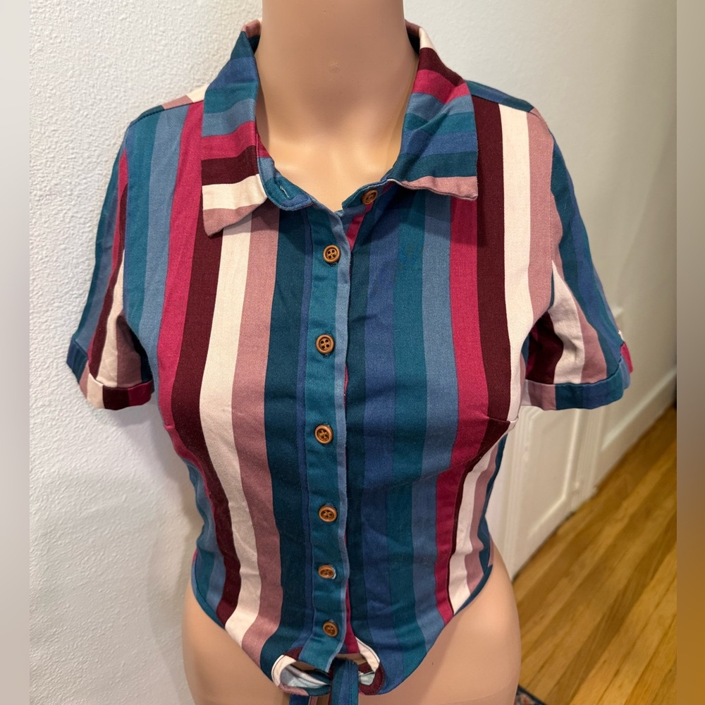 Vintage Striped Button-Up Women Top